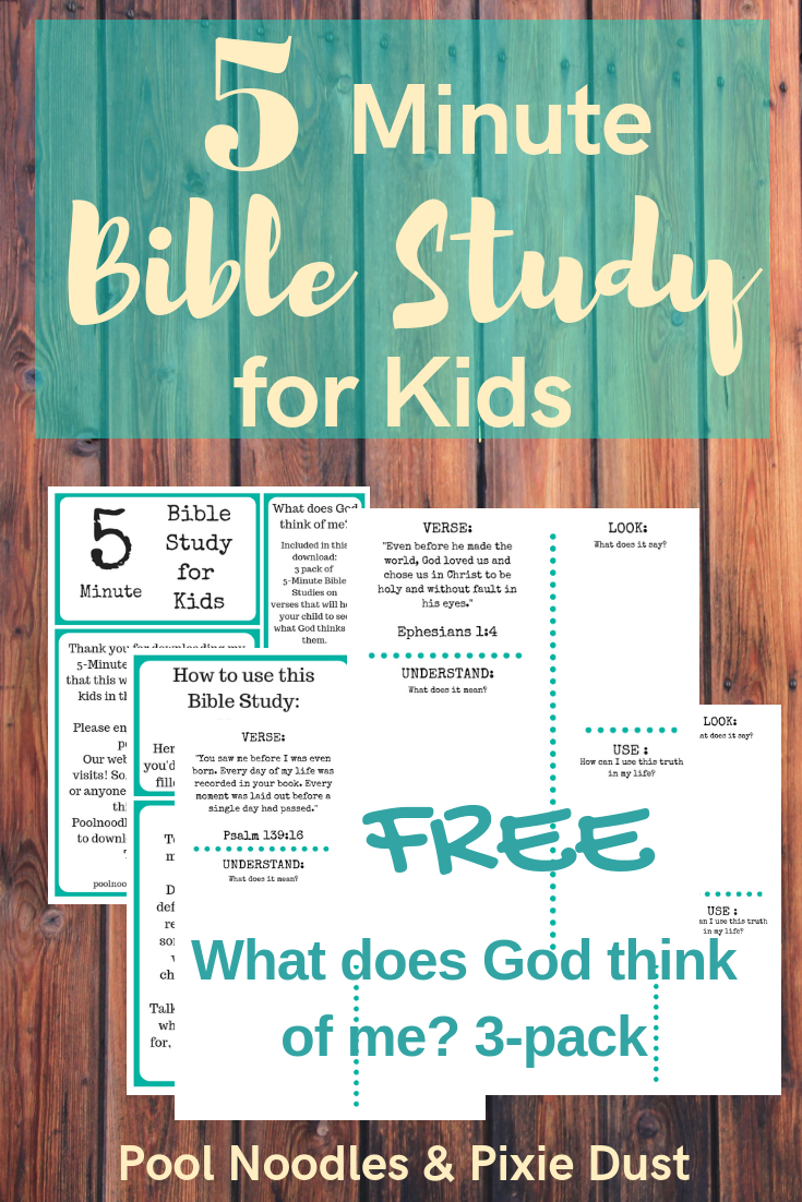 Looking for a quick option for bible study with your kids? Try this FREE What Does God Think of Me? 3-Pack of Bible Studies for kids that take as little as 5-Minutes! 