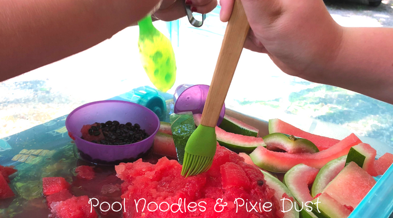 Have some fun this summer with a Watermelon Sensory Bin! - Pool Noodles & Pixie Dust