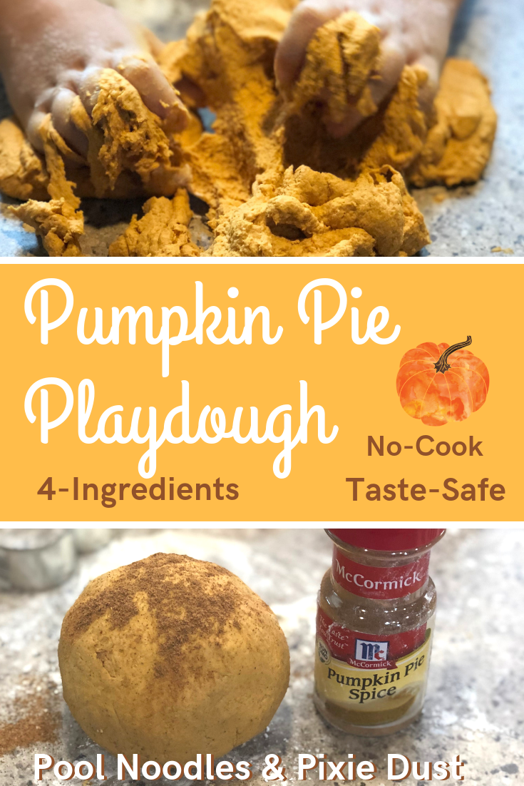 DIY taste-safe, no-cook, 4-ingredient pumpkin pie play dough recipe for fun fall sensory play.