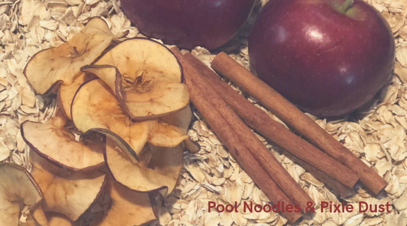 Try an Apple Pie Sensory Bin this fall for a simple sensory activity! Include, oatmeal, cinnamon sticks, and homemade apple chips.