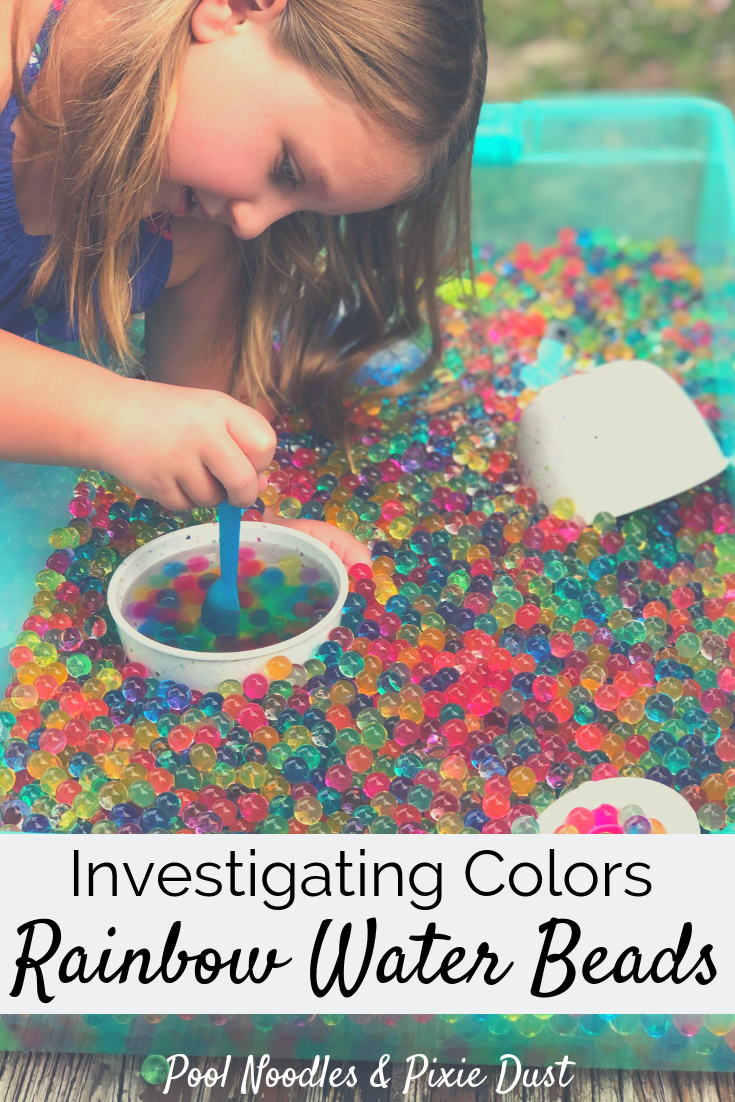 Sensory Color Investigations with Rainbow Water Beads - Science Sensory Bin - Pool Noodles & Pixie Dust