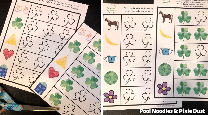 Clap, count, and color shamrock syllables pages for St. Patrick's Day! Plus cut-apart pages for a fun shamrock syllable center.