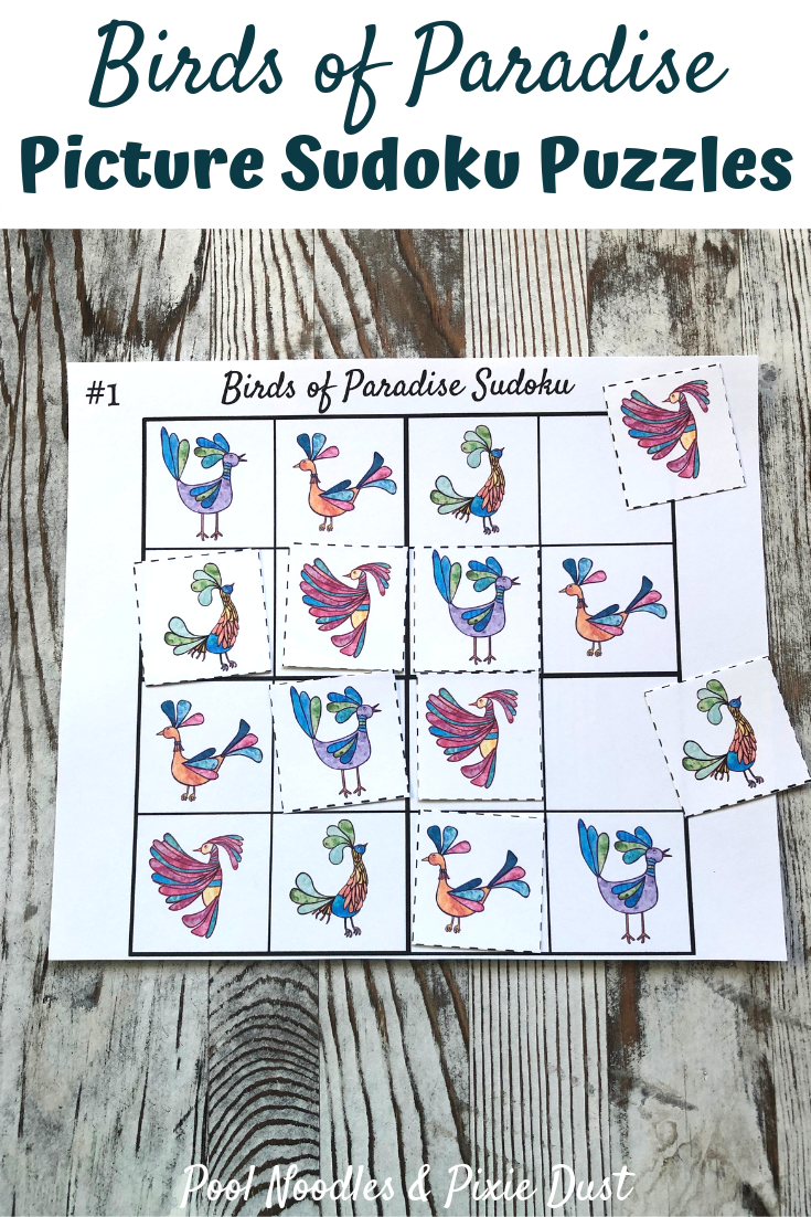 Birds of Paradise Picture Sudoku Puzzles for kids - Pool Noodles & Pixie Dust
