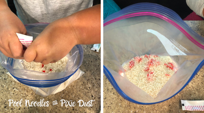 Easy rice dyeing for sensory play - Pool Noodles & Pixie Dust